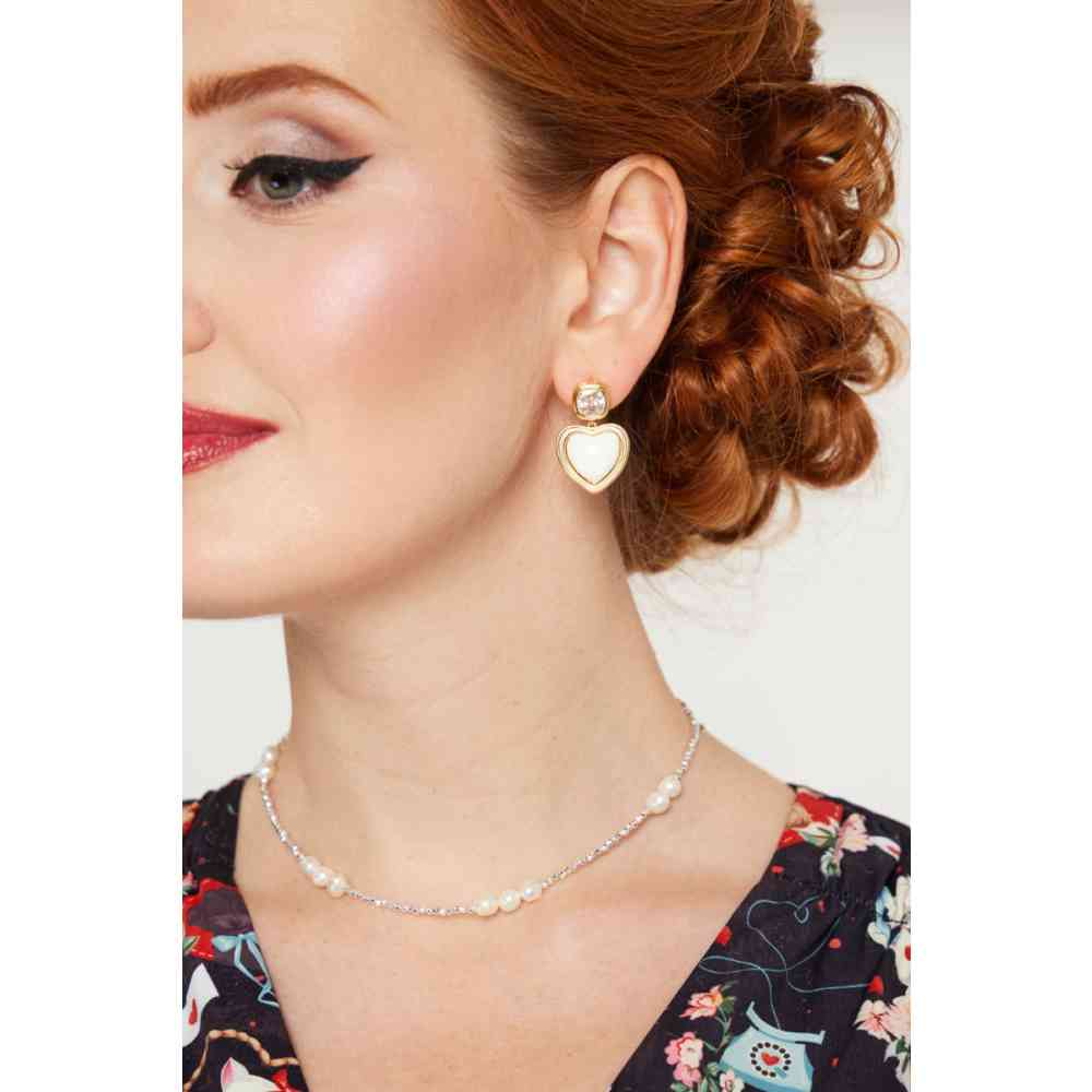 Voodoo Vixen - Heart And Diamante Stone Des boucles d'oreilles - Blanc
